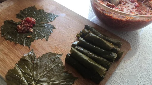 Yaprak sarma, Turkish traditional food, stuffed vine leaves with rice 