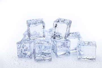 Ice cubes square with drops water clean on white background