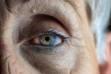 macro of older woman s eye with pupil and blue iris, blue eyelashes and red vein