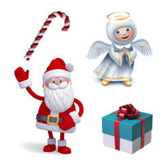 Christmas clip art set isolated on white background. Angel, Santa Claus, candy cane, gift box. Festive 3d illustration. Cute cartoon characters. Holiday icons, seasonal decor elements.