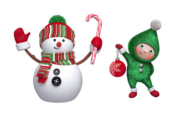Christmas clip art collection. 3d render of cute snowman, shy smiling elf, glass ball, candy cane, isolated on white background. Seasonal ornaments, decor elements. Festive icon set.