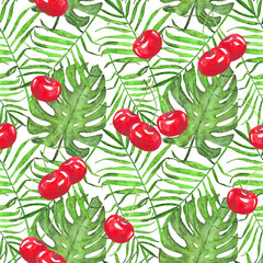watercolor cherry, palm leaves and monstera seamless pattern. Tropical exotic background
