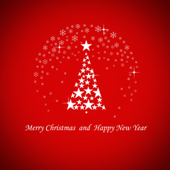 Happy Christmas and New year greeting card. White Christmas tree on a red background. Congratulations on the winter holidays. happy weekends and holidays. Background.