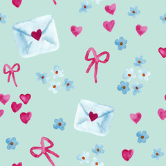 Letters in envelope with love and flowers, pink hearts watercolor painting - hand drawn seamless pattern on blue 