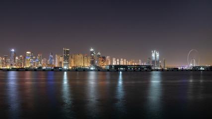Fototapeta na wymiar JBR and Blue Water skyline at night in Dubai 