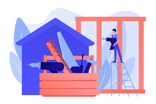 Building Construction Site. Handyman Working. Carpenter Services, Building Maintenance And Home Renovation, Get Local Carpenters Concept. Pinkish Coral Bluevector Isolated Illustration