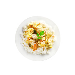 Chicken breast and cauliflower casserole with rice on a palet isolated
