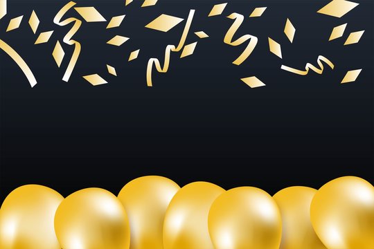 Sale Banner Vector Background, Black And Gold Ballons And Conffeti.