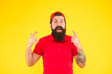 Naklejka premium he is winner. being trendy and brutal. Beard and mustache grooming. happy mature hipster yellow background. bearded man celebrate success. male summer fashion. Barber salon and facial hair care