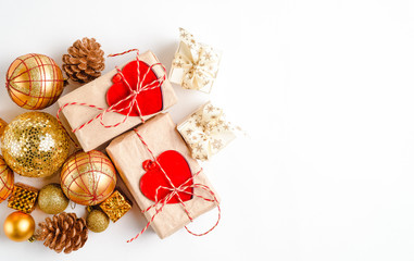 Christmas holiday background with gift boxes on white background. Top view