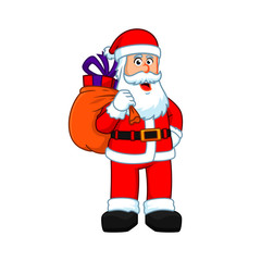 Vector cartoon illustration of friendly smiling Santa Claus, sack with gifts on back, Christmas design element