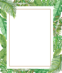 Watercolor hand painted nature jungle squared frame with different green tropical leaves on the white background with gold line for invitations and greeting cards with the space for text