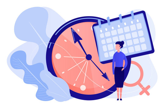 Menopause woman standing at her biological clock measuring age and calendar. Menopause, women climacteric, hormone replacement therapy concept. Pinkish coral bluevector vector isolated illustration