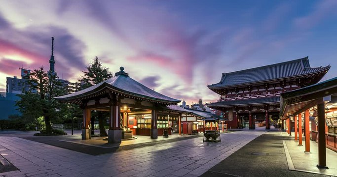 Sunrise timelapse of Senso-ji Temple from night to day in Asakusa, Toyko, Japan. Sensoji temple is one of the most famous landmarks in Tokyo.