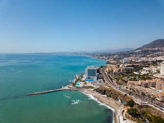 Aerial Panoramic Landscape View of Benalmadena City , Malaga. Popular holiday attraction in South of Spain