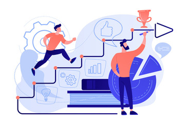 A man running up to the hand drawn stairs as a concept of coaching, business training, goal achievment, success, progress, carreer ladder, pinkish coral blue palette. Vector illustration on white - obrazy, fototapety, plakaty