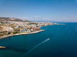 Naklejka na ściany i meble Aerial Panoramic Landscape View of Benalmadena City , Malaga , South of Spain. Popular touristic holiday attraction in Costa del Sol
