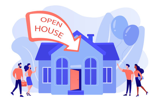 People going to housewarming party flat characters. Open house, open for inspection property, welcome to your new home, real estate service concept. Pinkish coral bluevector isolated illustration