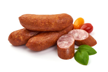 Pork Dried Sausages, smoked german sausage, isolated on white background
