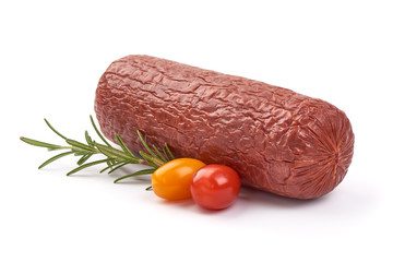 Smoked pork Sausage, dried pork salami, isolated on white background