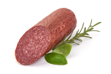 Salami smoked sausage, isolated on white background