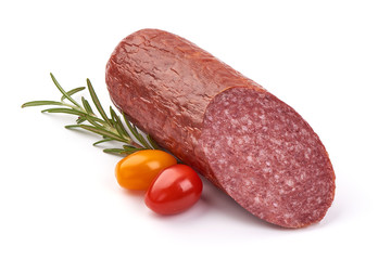 Salami smoked sausage, isolated on white background