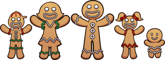 Happy gingerbread cookie family with kids clip art. Vector illustration with simple gradients. Each on a separate layer. 