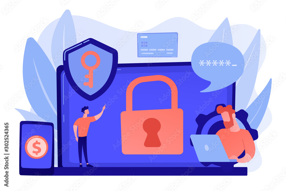 Poster developers work on cyber security program. cyber security software, information security program and