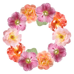 Beautiful floral circle of roses and mallow. Isolated