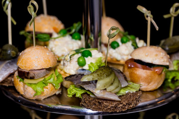 Miniature canapes with meat, vegetables and fish on steel banquet racks.