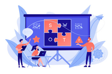 SWOT analysis team working on list of your opportunities, strategizing and monitoring. SWOT analysis and matrix, strategic planning concept. Pinkish coral bluevector isolated illustration