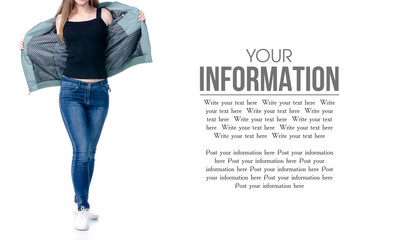 Woman in jeans and green open jacket on white background isolation