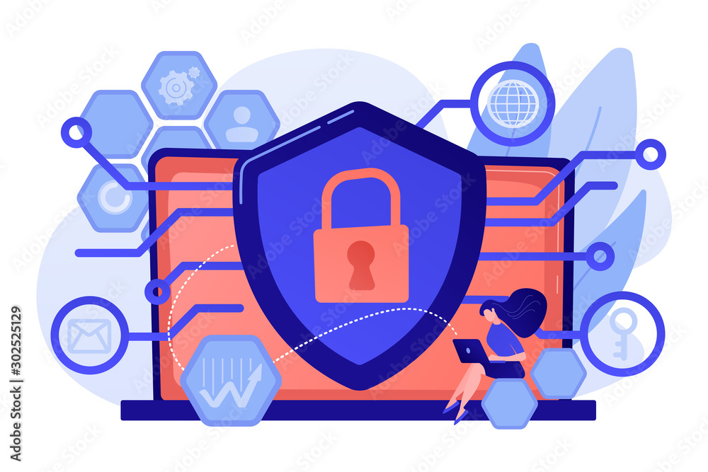 Wall mural privacy engineer at laptop with shield improving level of systems privacy. privacy engineering, priv