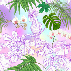 Fototapeta na wymiar Seamless pattern, background. with tropical plants and flowers with white orchid and tropical birds In light ultra violet pastel mesh background. Colored and outline design. Vector illustration..