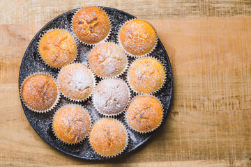 Homemade apple muffins with white sugar powder on wooden table