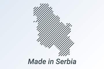 Made in Serbia, striped map in a black strip on a silver background