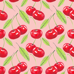 watercolor cherry and leaves seamless pattern. hand drawn juicy fruit bright color