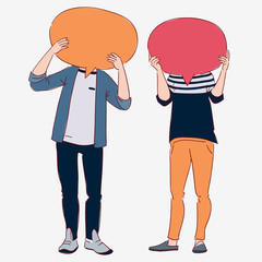 Young people with colorful dialog speech bubbles. Communication, teamwork and connection vector concept