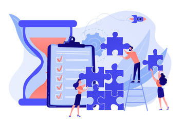 Project management. Business process and planning, workflow organization. Colleagues working together, teamwork. Project delivery concept. Pinkish coral bluevector isolated illustration