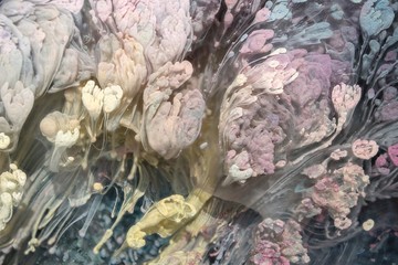 Petri - a modern technique in painting, is created by adding alcoholic ink to epoxy. After hardening, drops of ink harden and look like a plexus of algae, caramel reefs, and the seabed.