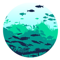 the underwater scene. Silhouette of fish and algae on the background of reefs. Flora and fauna of the ocean. Vector template.