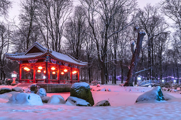 chińska pagoda w Łazienkach Królewskich w Warszawie zimą w nocy © Henryk Niestrój