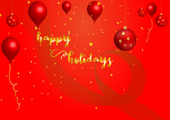 Christmas spheres and balloons in red with text and golden glitters falling.