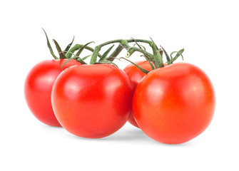 Ripe cherry tomatoes on green branch isolated over white background