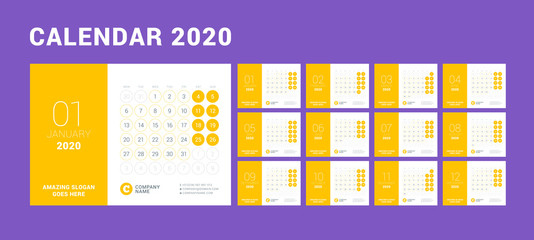 Desk calendar for 2020 year. Design print template with place for photo. Week starts on Monday. Vector illustration