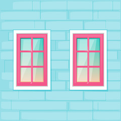 Windows on the blue brick wall background. Vector illustration cartoon flat style. 