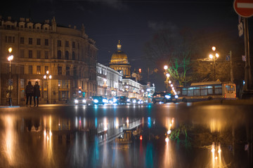 Fototapeta na wymiar Rainy autumn night in St. Petersburg
