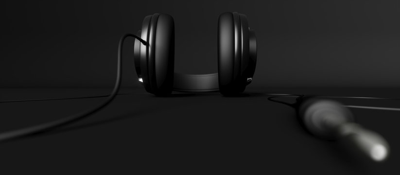 Headphones On A Black Background Close-up