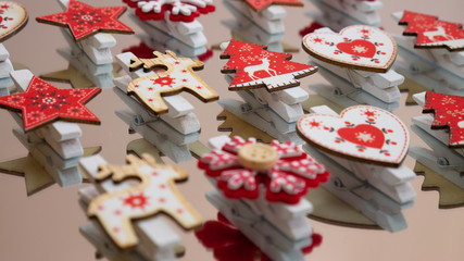 Fototapeta na wymiar Holiday symbols - Christmas trees, reindeer, snowflakes, stars, hearts.