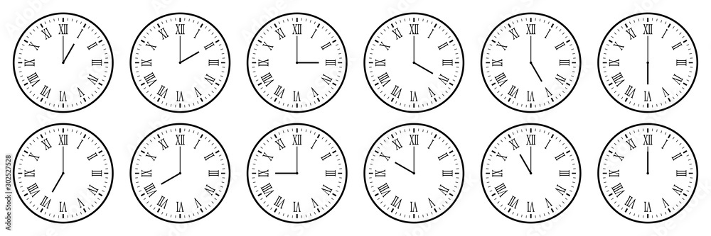 Wall mural horizontal set of analog clock icon with roman numeral notifying each hour isolated on white,vector 